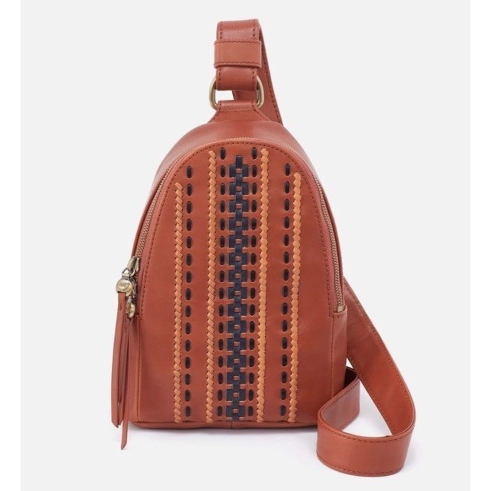 NWT $248 HOBO Fern Sling Bag Smooth Leather Multi Stitch Woven Timberline Brown